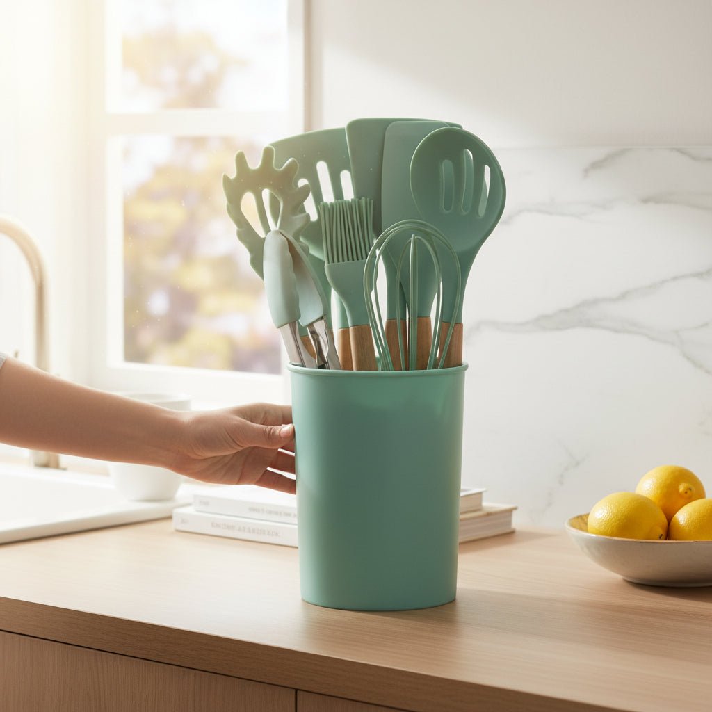12 Parçalı Silikon Mətbəx Gereçləri Dəsti – Taxta Saplı və İstiyə Davamlı