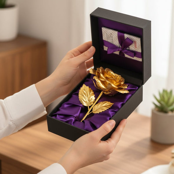 24K Qızıl Folqa Örtüklü Əl İşləməsi Gül – Hədiyyə Qutusunda və Sertifikatla