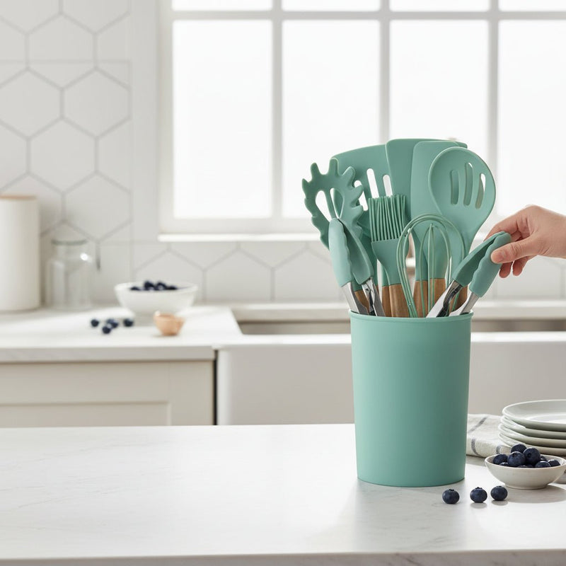 12 Parçalı Silikon Mətbəx Gereçləri Dəsti – Taxta Saplı və İstiyə DavamlıbizimHousebizimHouseÇəhrayı - bizimHouse