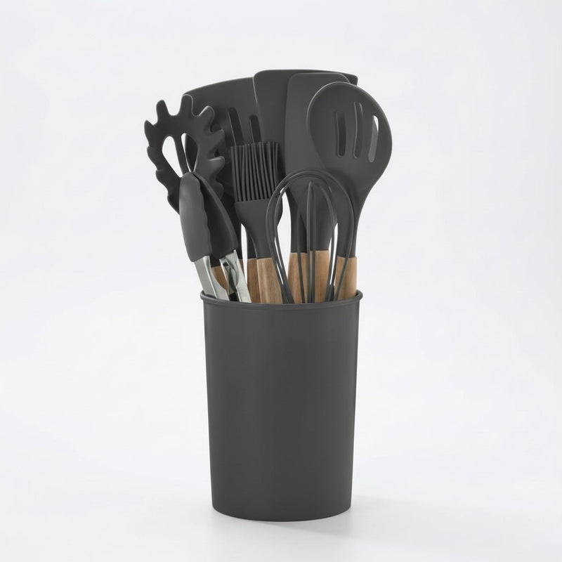 12 Parçalı Silikon Mətbəx Gereçləri Dəsti – Taxta Saplı və İstiyə DavamlıbizimHousebizimHouseQara - bizimHouse