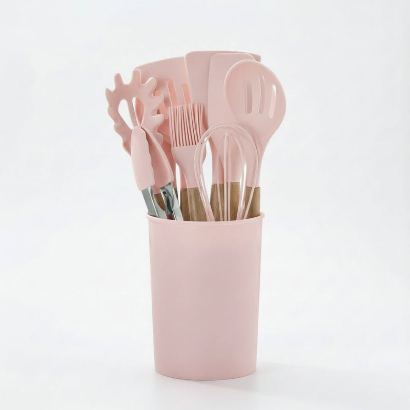 12 Parçalı Silikon Mətbəx Gereçləri Dəsti – Taxta Saplı və İstiyə DavamlıbizimHousebizimHouseÇəhrayı - bizimHouse
