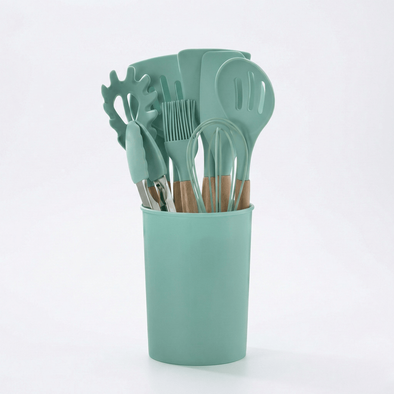 12 Parçalı Silikon Mətbəx Gereçləri Dəsti – Taxta Saplı və İstiyə DavamlıbizimHousebizimHouseYaşıl - bizimHouse